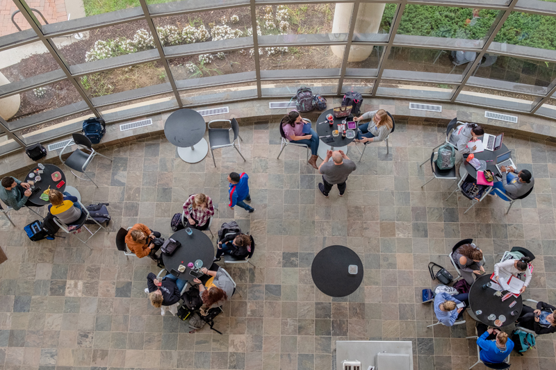 An overhead view of the atrium of the William S. White building at UM-Flint