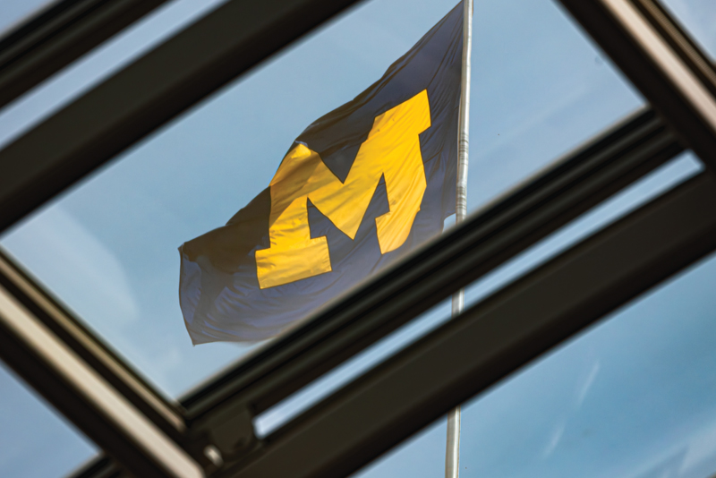 The Block M U-M flag seen through a glass skylight
