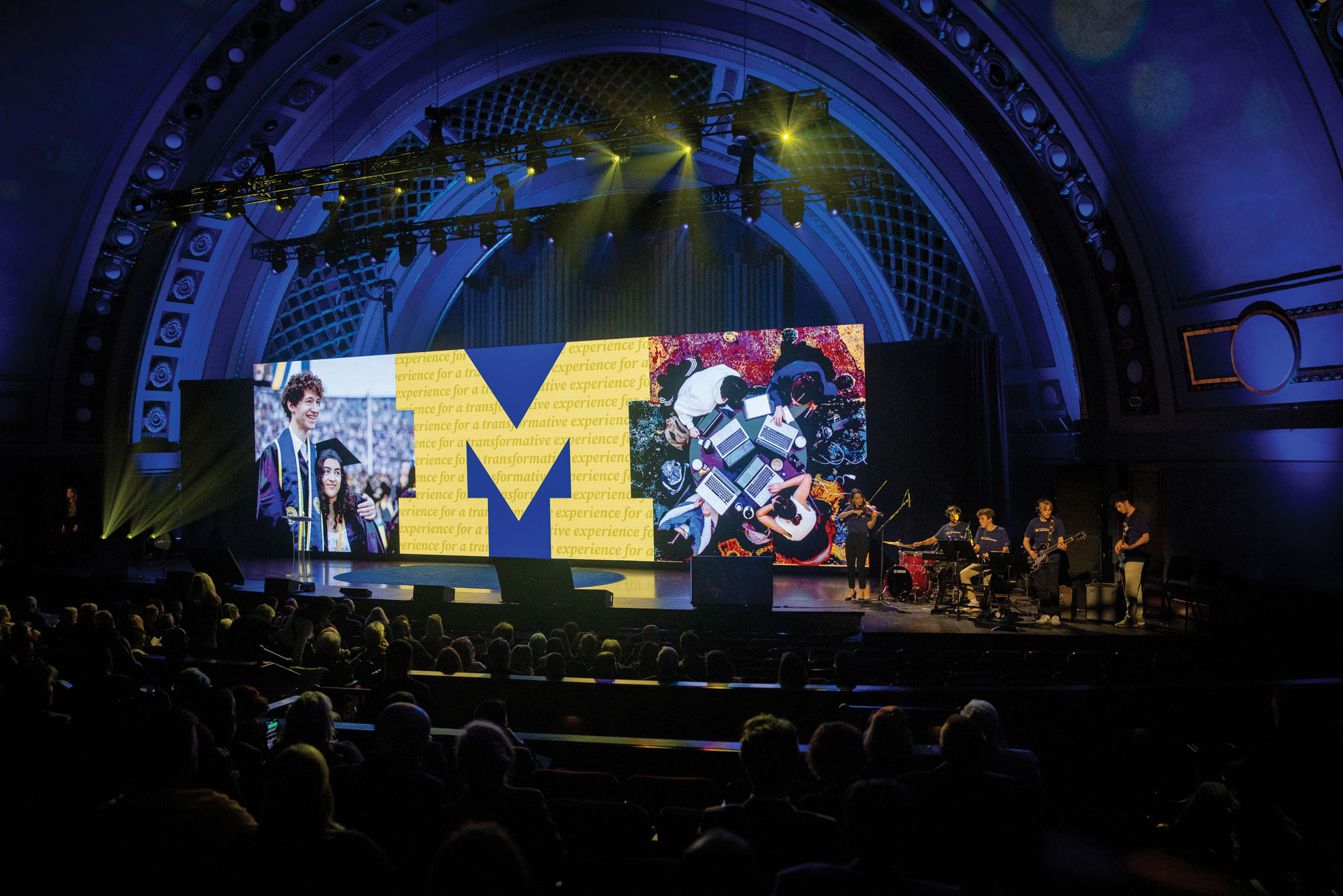 A student band plays on stage at Hill Auditorium for the launch of U-M's Look to Michigan fundraising campaign