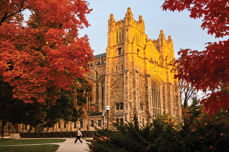 The Law Quad in with red autumn leaves